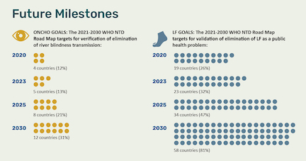 Chart showing the goals for elimination of river blindness and lymphatic filaraisis