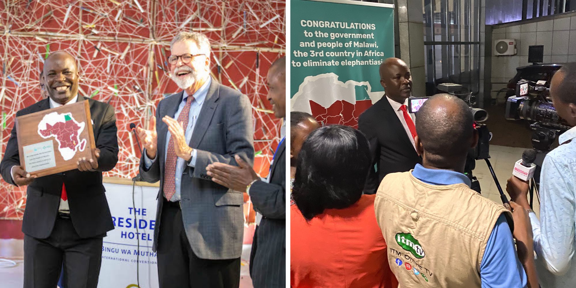 The first photo in this group shows the Malawi Deputy Minister of Health smiles as he accepts a plaque from the Mectizan Expert Committee chairman. The next photo shows the same man talking to a group of TV reporters