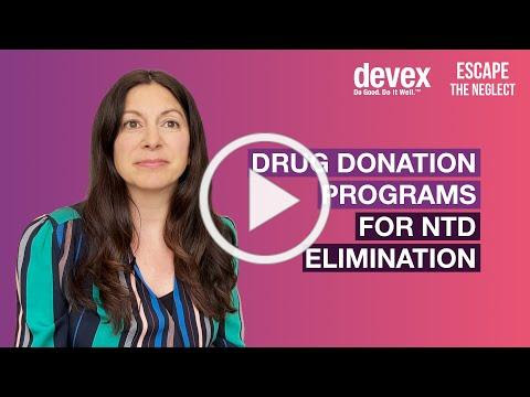 Photo of Dr. Allison Goldberg with Devex logo and the title Drug Donation Programs for NTD Elimination