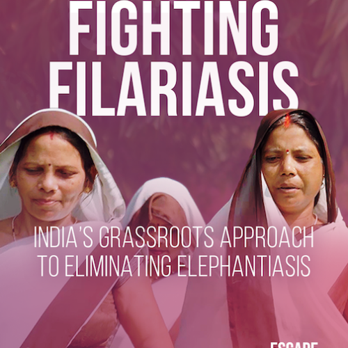 Film poster with the title Fighting Filariasis India's Grassroot Approach. Contains a photo of 3 women wearing pink saris.