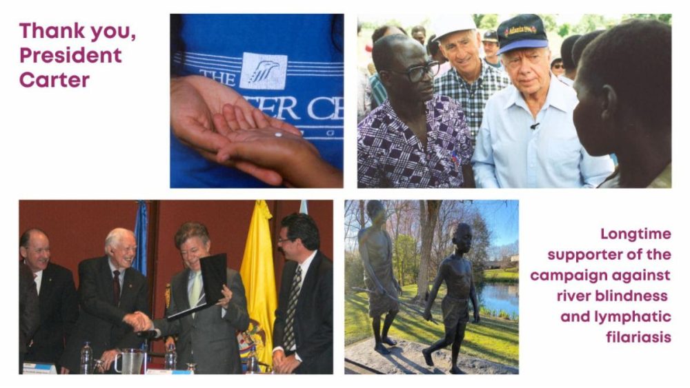 Text reading Thank you President Carter, Longtime supporter of the campaign against river blindness and lymphatic filariasis. Four photos that are described in the body of the article.